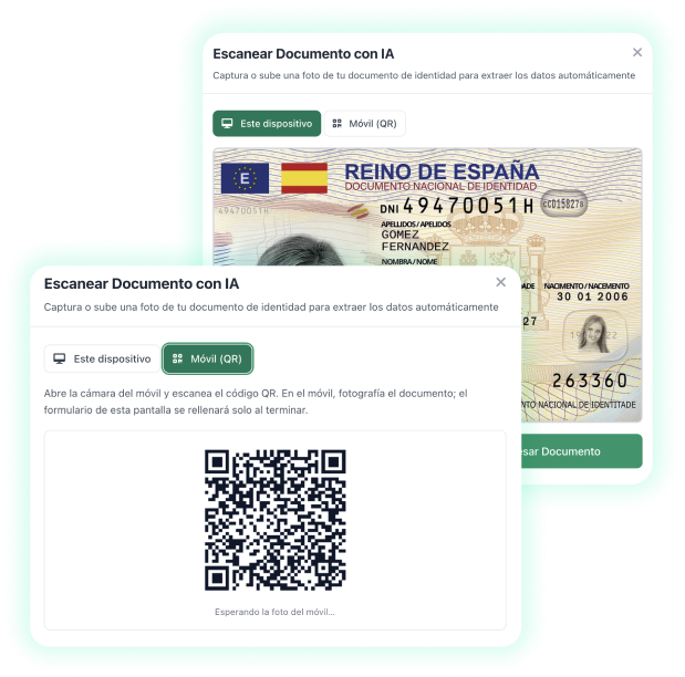 Interfaz: documento verificado y botón para continuar al check-in
