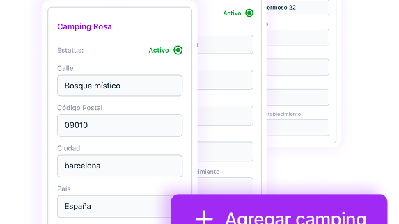 Varios campings: fichas apiladas (Rosa, Tulipán, Girasol) y botón agregar camping