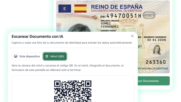 Interfaz: documento verificado y botón para continuar al check-in