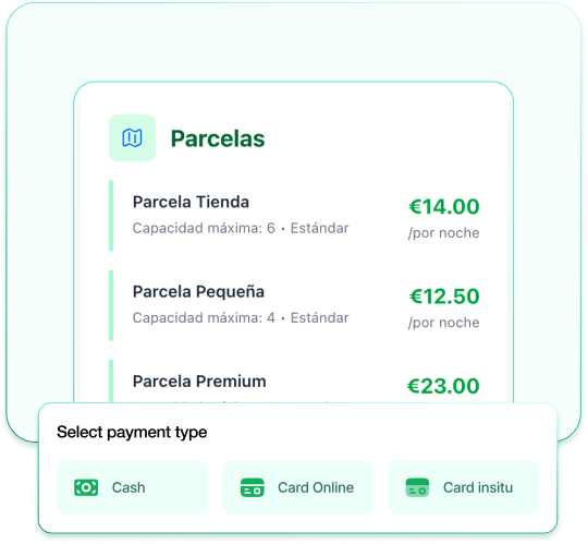 Interfaz: listado de parcelas con precios y selector de tipo de pago
