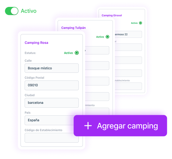 Varios campings: fichas apiladas (Rosa, Tulipán, Girasol) y botón agregar camping