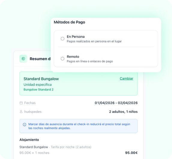 Interfaz: resumen de reserva con pago en persona o remoto
