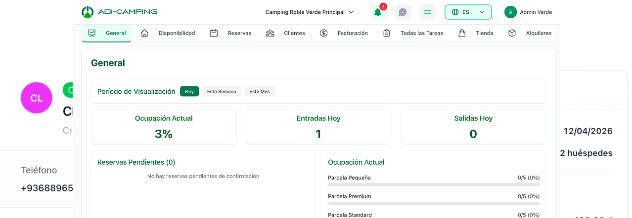 Panel de gestión ADI-CAMPING: vista general con métricas y reservas